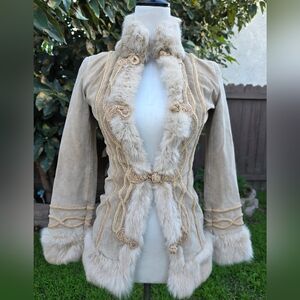 Suede Leather Beige Penny Lane Fur Trimmed Coat With Embroidery Size Xsmall